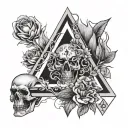 The number 666 above which there is fire, skulls in the fire, a triangle below the number, flowers in the triangle tattoo design idea
