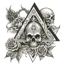 The number 666 above which there is fire, skulls in the fire, a triangle below the number, flowers in the triangle tattoo design idea