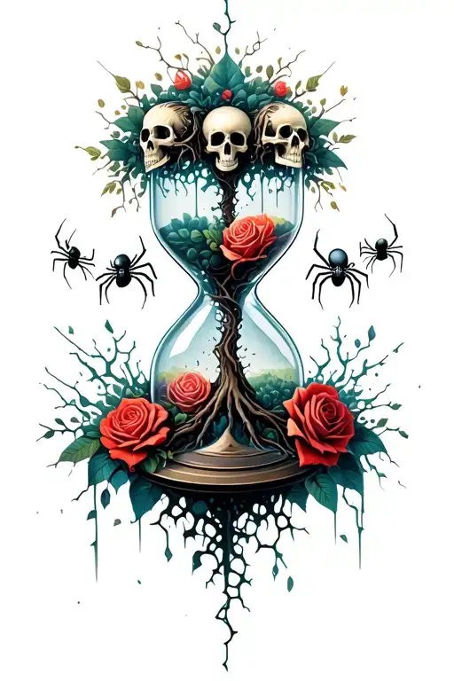 tree of life intertwined in hourglass with skeleton heads spiders and roses at the bottom and broken or cracked glass tattoo design idea