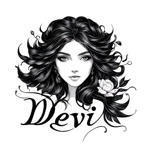 Minimalist black ink tattoo design, deeply personal and romantic. The main focus is the name “Devi” in elegant fine-lin tattoo design idea