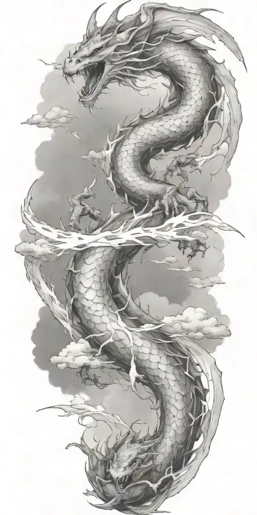 leviathan, virgo, typhoon, wings, clouds, dragon, fighting, midgar background, manlike body, storm, lightning tattoo design idea