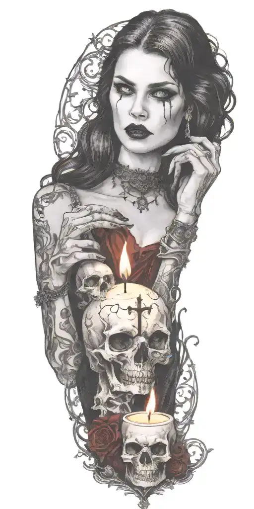 multiple vampire blood women candle burning cemetary background tattoo design idea