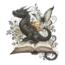 old books black dragon with script, stars, light & butterflies, flowers and vines curling outward tattoo design idea