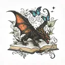 old books black dragon with script, stars, light & butterflies, flowers and vines curling outward tattoo design idea