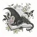 old books black dragon with script, stars, light & butterflies, flowers and vines curling outward tattoo design idea