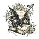 old books black dragon with script, stars, light & butterflies, flowers and vines curling outward tattoo design idea