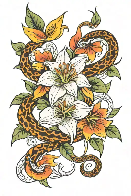 Lilly on fire and snake wrapped around arm and wrist tattoo tattoo design idea