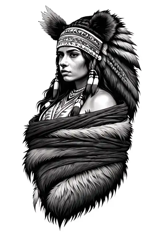 native american woman wrapped in bear skin tattoo design idea