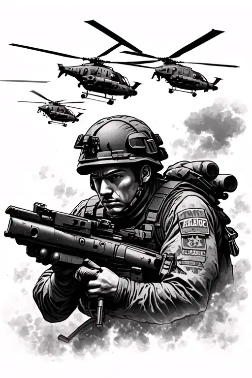 Army Soldier in combat with balckhawk helicopters hovering overhead tattoo design idea