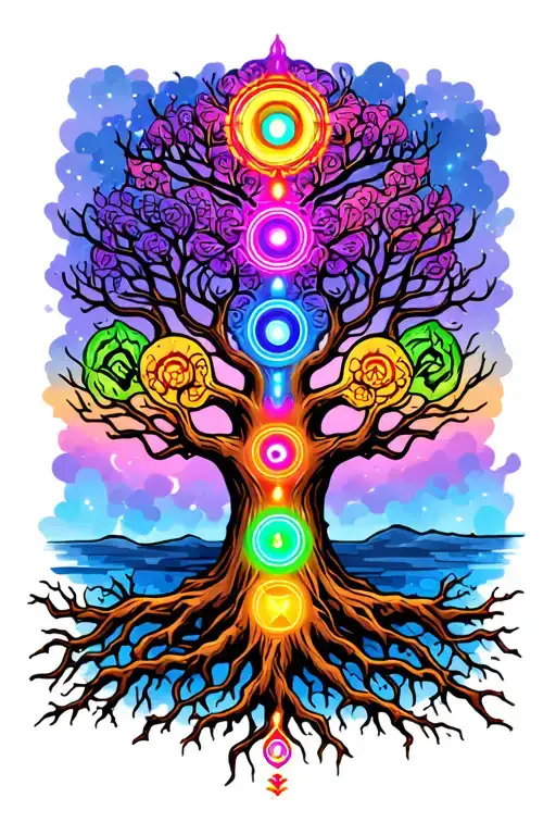 tree of life with roots chakra symbols tattoo design idea