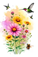 a field of Wild flowers with a Butterfly, a hummingbird, and a honey bee flying or feeding from the flowers  tattoo design idea
