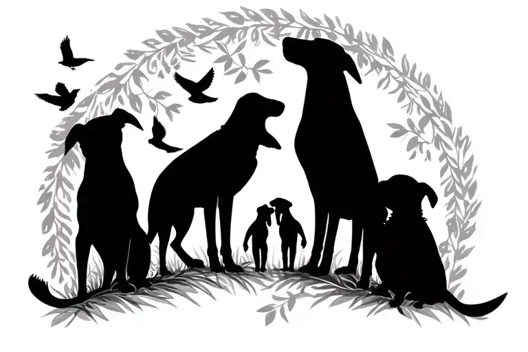 memorial silhoette for 4 dogs and 4 family members (as birds) tattoo design idea