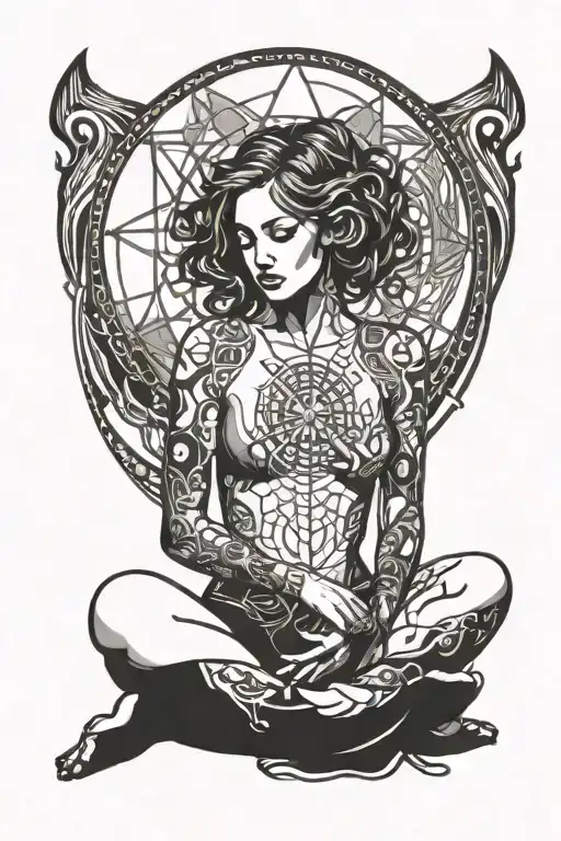 a woman on knees with a portal on her chest tattoo design idea