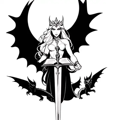 she-ra prinses of power swordt with book surrounded with rwby moon and dragons  tattoo design idea