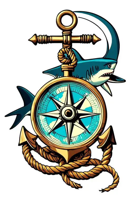 nautical compass boat anchor with rope wrapped and a shark behind  tattoo design idea