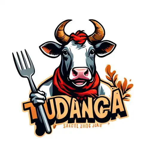 Funny mascot logo,Tudanca cow smiling with horns, wearing a red scarf,holding a fork, rustic lettering that says TUDANCA tattoo design idea