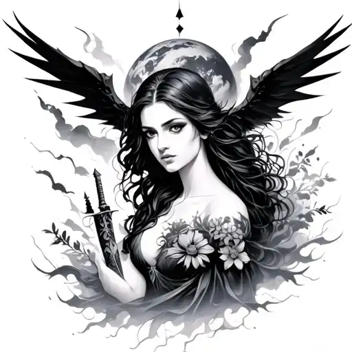 lucifer destroys beautiful strong female earthling with silluettes with dark clouds and flowers w a dagger to her heart tattoo design idea
