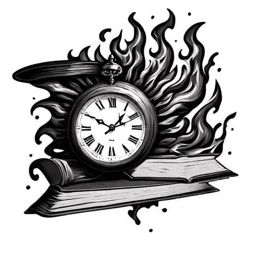 book and clock face 11:11 with never let the fire that lives in your soul burn out tattoo design idea