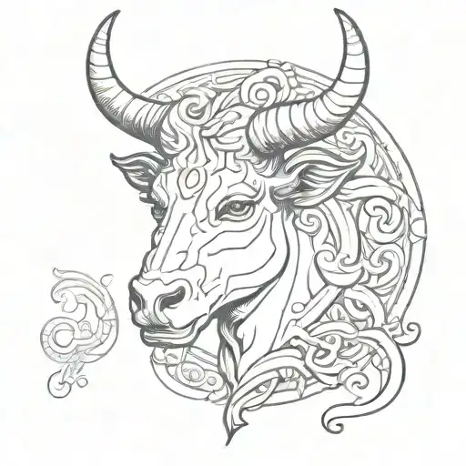 Taurus head with simple details, the letter "I" written in ancient greece in the middle tattoo design idea