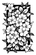white rectangular carpet of white blossoming flowers intertwined by white vine leafs. uncoloured background  tattoo design idea