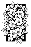 white rectangular carpet of white blossoming flowers intertwined by white vine leafs. uncoloured background  tattoo design idea