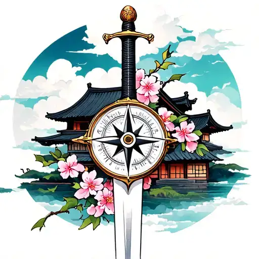 compass with japanese cherry blossoms wrapped atound a sword with a small japanese house in the backgeound with clouds  tattoo design idea