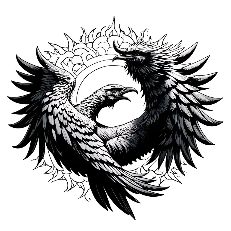 phoenix wings open in front of sun setting tattoo design idea