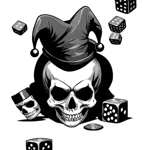 Skull Faced Jester Standing On Dice And Juggling Masks. tattoo design idea