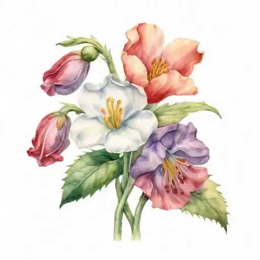 ONE Snowdrop, ONE Poppy, ONE Carnation, Honeysuckle, ONE Rose, Larkspur tattoo design idea