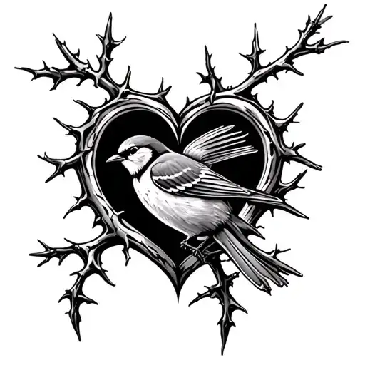 thorns in shape of heart with sparrow on a branch tattoo design idea