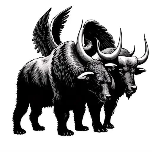 seraphim angel over three animals: a bear, ox, and a behemoth  tattoo design idea