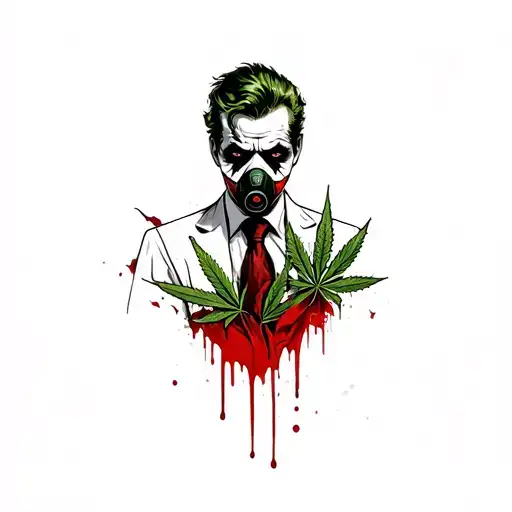 composition,joker with gas mask,marijuana leaves in the background,dripping blood tattoo design idea