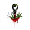 composition,joker with gas mask,marijuana leaves in the background,dripping blood tattoo design idea