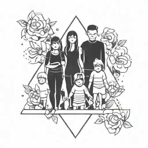 a minimalist couple's tattoo of family with 4 kids the kids should be represented as triangles or flowers and the waddin tattoo design idea