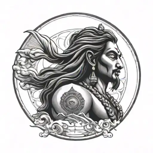  "Shiva stands in a mudra pose, with Mount Kailash as the backdrop and a ringed solar system surrounding him, each ring  tattoo design idea