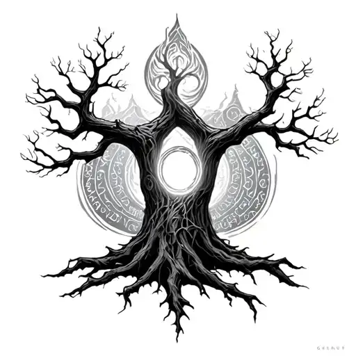 tree of Gondor with elvish writing poetry and Elden ring essence tattoo design idea