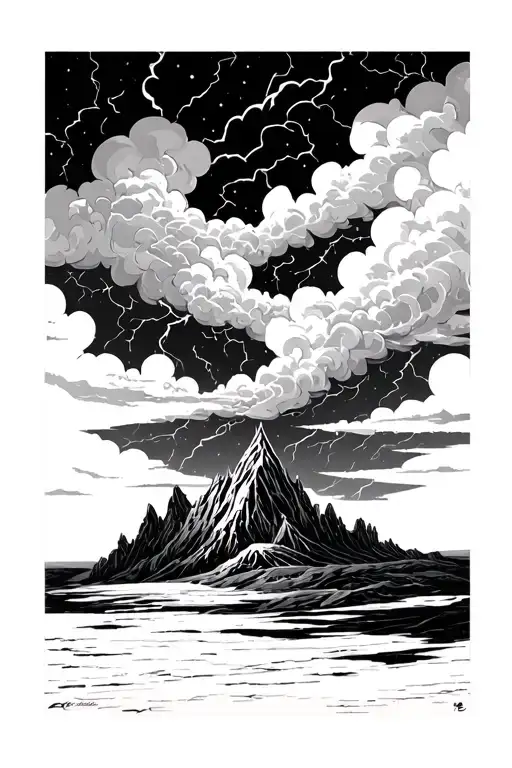 The picture depicts the magnificent and dramatic landscape of Asgard, where the sky is covered with dark thunderclouds, sparkling tattoo design idea