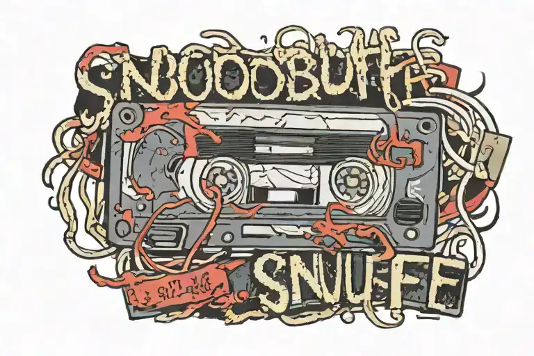 A bloody VHS tape with the word "SNUFF" written on the tape. tattoo design idea