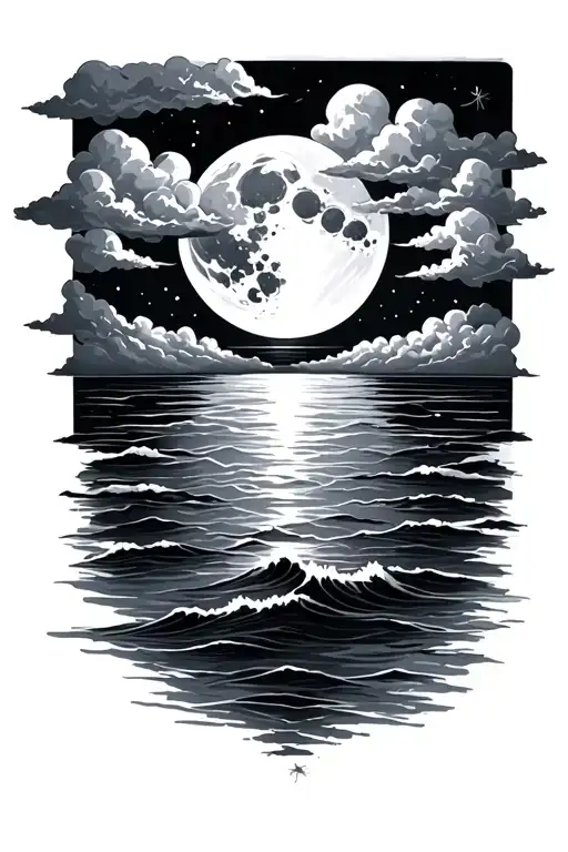 Sunset Sea moon clouds in the background tattoo design idea