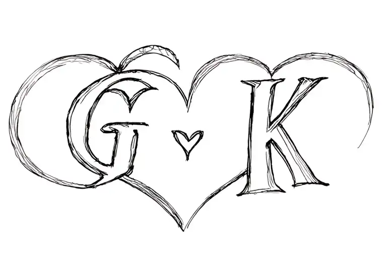 "G K" double heart tattoo design idea