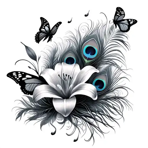 Lilly's with butterflies peacock feathers falling tattoo design idea