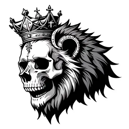a lion's head with a cross inside of it half of it skull wearing a crown. tattoo design idea