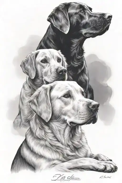 Labrador retriever looking down on a smaller labador retriever from above only 2 dogs and say Rest in peace Marty  tattoo design idea
