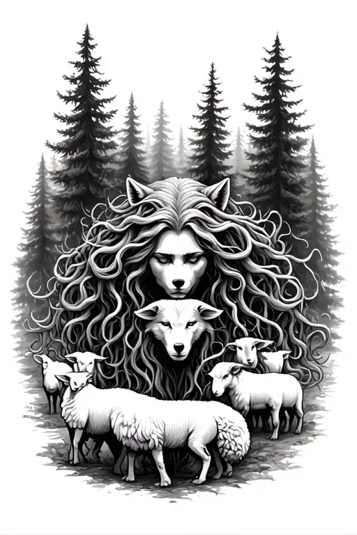 medusa surrounded by forest trees background looking down at wolfs dressed in sheeps clothing tattoo design idea