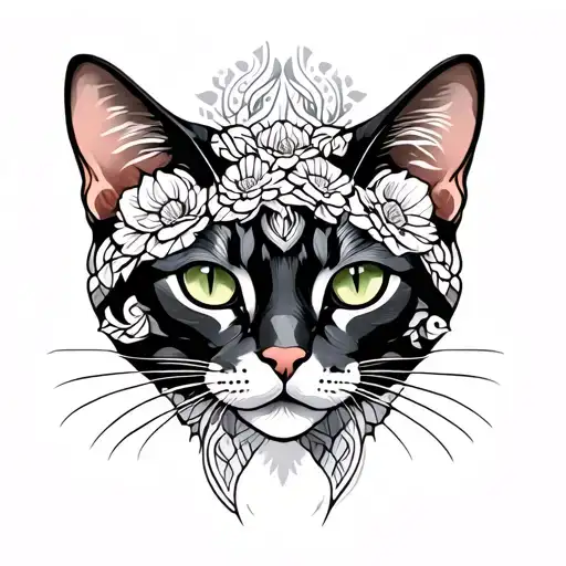 Black and white sphinxen cat head tattoo without too much filling, modern floral geometric shape tattoo design idea