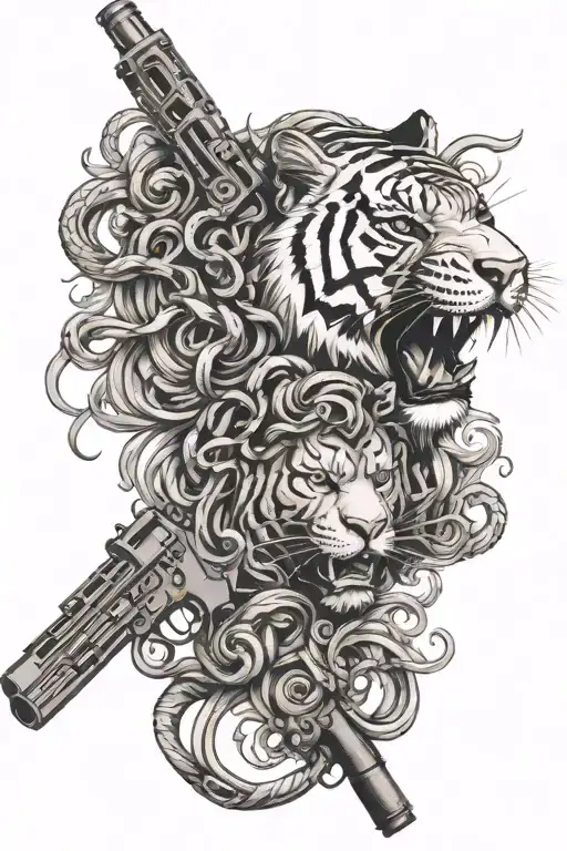 gun medusa tiger handwriting aligned in a row tattoo design idea