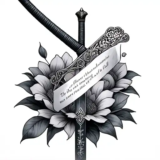 mulan sword with the phrase "The flower that blooms in adversity is the most rare and beautiful of all" tattoo design idea