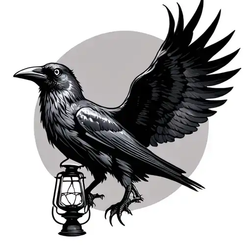 raven with its wings spread, holding a lantern with its talons. tattoo design idea