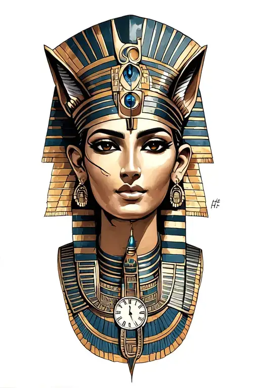 Nefertiti With Technology With Egyptian God Anubis, Inka Symbolism, All Seing Eye and clock Tattoo tattoo design idea