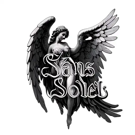 gothic angel statue dark the words " Sans Soleil" in gothic font tattoo design idea